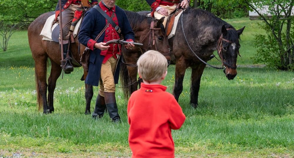 little boy in front of horses.